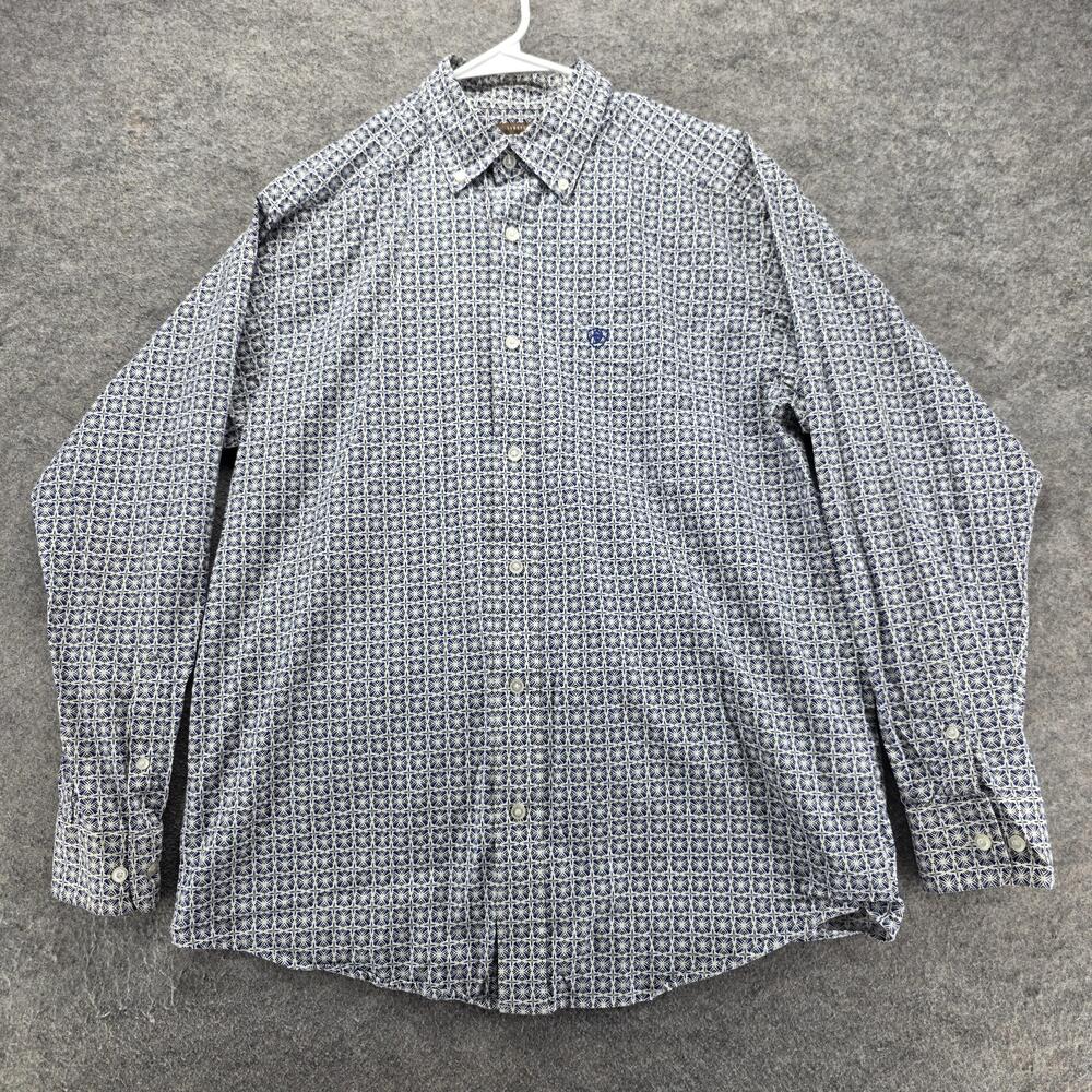 Ariat Shirt Mens M Blue Geometric Long Sleeve Button Up Regular Fit Stretch